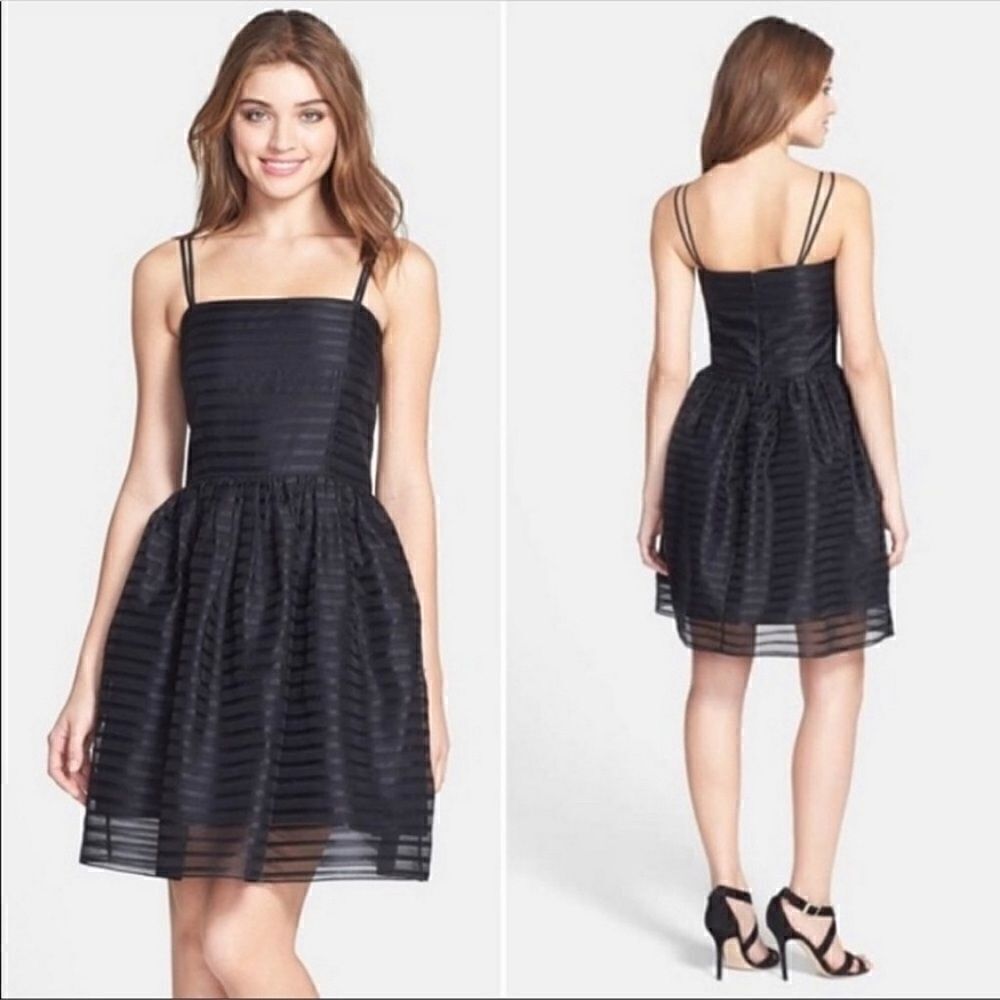 Shoshanna‎ Silk Chelsea Organza Ribbon Stripe Fit And Flare Black Mini Dress